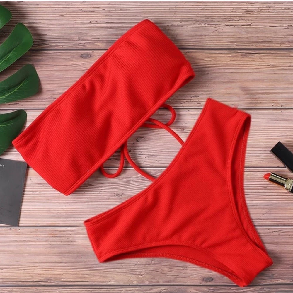 (Red) High Waist Strapless Bikini Women Swimwear - Picture 1 of 2